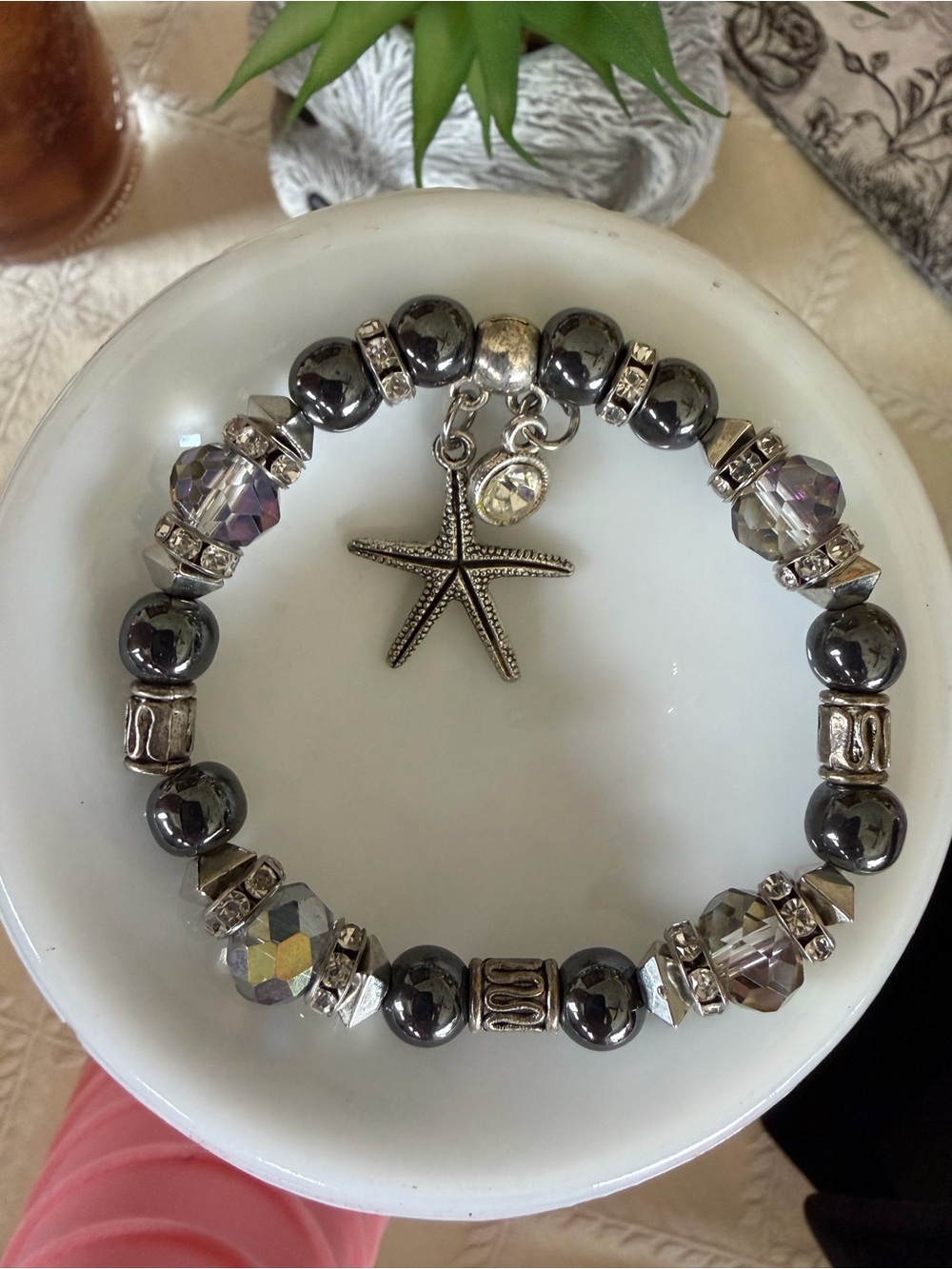 Starfish Charm Hematite/ AB Crystal Stretch Bracelet - Silver-Tone